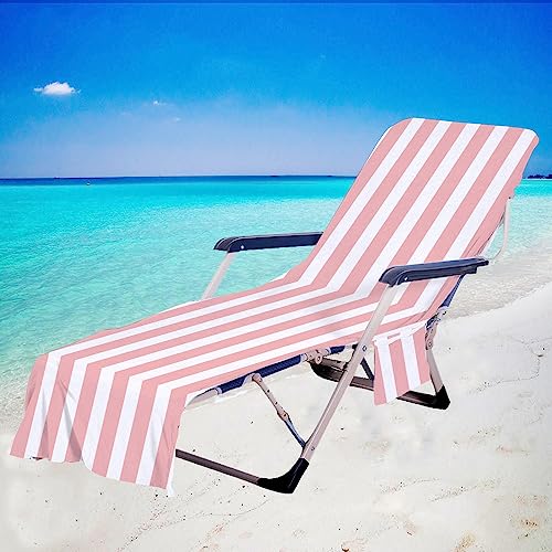 Chickwin Streifen Schonbezug für Gartenliege Frottee Liegenauflage mit Kapuze | Strandliegenauflage mit 2 Taschen Stuhl Strandtuch für Gartenliege Liegenauflage,Sonnenliegen (75x200cm,Rosa) von Chickwin