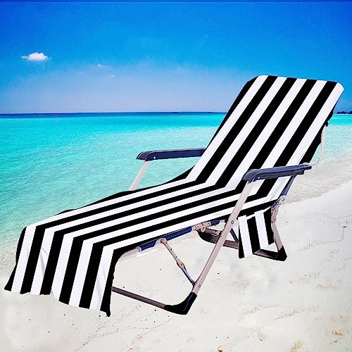 Chickwin Streifen Schonbezug für Gartenliege Frottee Liegenauflage mit Kapuze | Strandliegenauflage mit 2 Taschen Stuhl Strandtuch für Gartenliege Liegenauflage,Sonnenliegen (75x200cm,Schwarz) von Chickwin