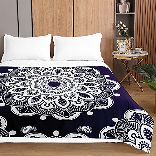 Chickwin Tagesdecke Bettüberwurf, Mandala Drucken Tagesdecken mit Prägemuster Gesteppt Steppdecke Überwurf Wohndecke aus Mikrofaser (200x230cm,Navy blau) von Chickwin