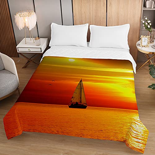 Chickwin Tagesdecke Bettüberwurf Sommer Steppdecke, 3D Fähre Muster Tagesdecken mit Präge Wohndecke Gesteppt Bettdecke Bettbezug für Doppelbett Einzelbett (230x260cm,Orange Dämmerung) von Chickwin
