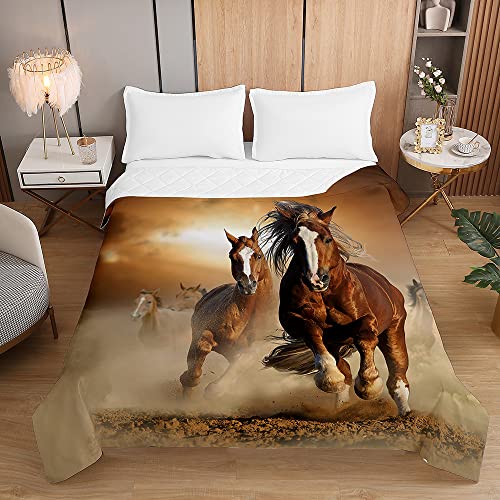 Chickwin Tagesdecke Bettüberwurf Sommer Steppdecke, 3D Pferd Muster Tagesdecken mit Präge Wohndecke Gesteppt Bettdecke Bettbezug für Doppelbett Einzelbett (180x220cm,braunes Pferd) von Chickwin