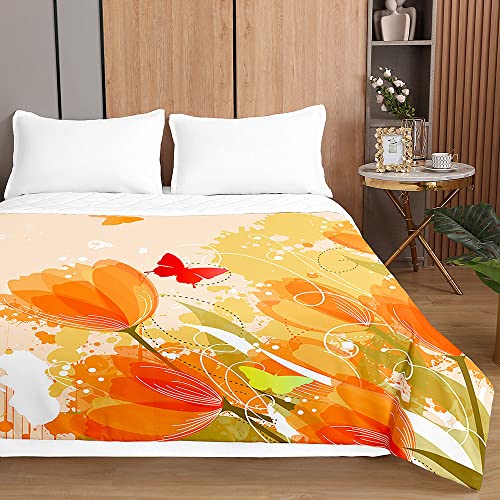 Chickwin Tagesdecke Bettüberwurf Steppdecke, Elegant Tulpe Blumen Drucken Leichte Tagesdecken Wohndecke aus Gesteppt Bettdecke Bettbezug für Einzelbett Doppelbett (150x200cm,Orange) von Chickwin