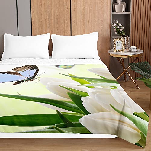 Chickwin Tagesdecke Bettüberwurf Steppdecke, Elegant Tulpe Blumen Drucken Leichte Tagesdecken Wohndecke aus Gesteppt Bettdecke Bettbezug für Einzelbett Doppelbett (230x260cm,Schmetterling) von Chickwin