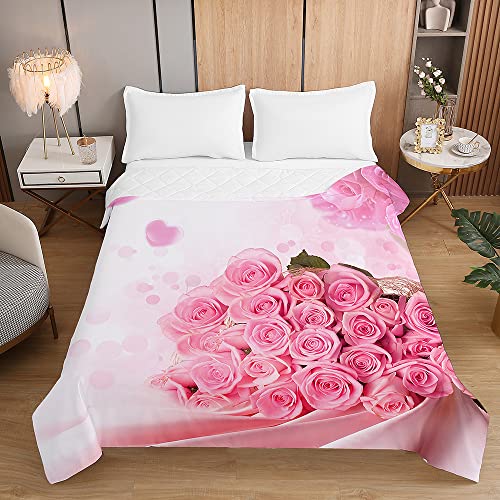 Chickwin Tagesdecke Bettüberwurf Steppdecke, Rose Blume Drucken Tagesdecken mit Präge Wohndecke aus Mikrofaser Gesteppt Bettdecke Bettbezug für Einzelbett Doppelbett (Rosa,220x240cm) von Chickwin