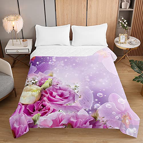 Chickwin Tagesdecke Bettüberwurf Steppdecke, Rose Blume Drucken Tagesdecken mit Präge Wohndecke aus Mikrofaser Gesteppt Bettdecke Bettbezug für Einzelbett Doppelbett (Violett,230x260cm) von Chickwin