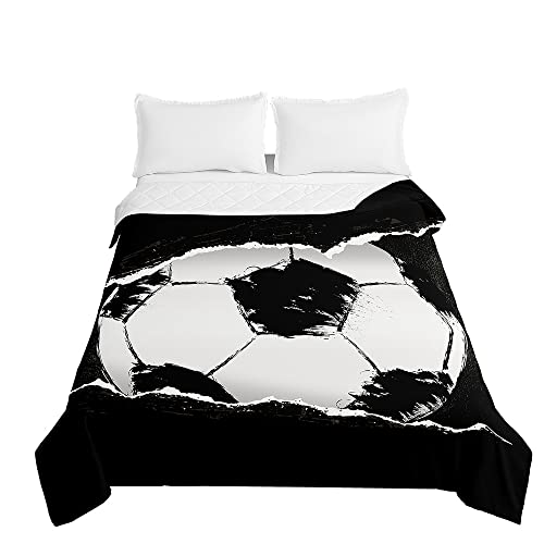 Chickwin Tagesdecken Bettüberwurf Steppdecke, 3D Fußball Drucken Sommer Tagesdecke Sofaüberwurf Wohndecke aus Mikrofaser Bettdecke für Einzelbett Doppelbett Kinder (180x220cm,Schwarz) von Chickwin