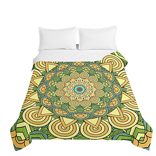 Chickwin Tagesdecken Bettüberwurf Steppdecke, Mandala-Feder Sommer Tagesdecke Sofaüberwurf Wohndecke 3D Bettdecke für Einzelbett Doppelbett Kinder (150x200cm,Grün Gelb) von Chickwin