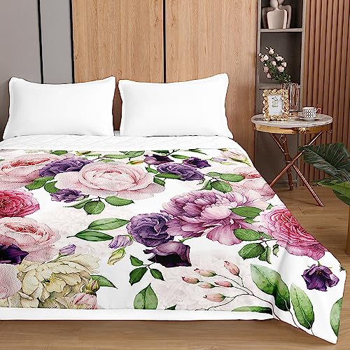 Chickwin Tagesdecken Bettüberwurf Steppdecke, Pfingstrose Blume Drucken Sommer Tagesdecke Sofaüberwurf Wohndecke aus Mikrofaser Bettdecke für Einzelbett Doppelbett Kinder (230x260cm,Lilane Blumen) von Chickwin