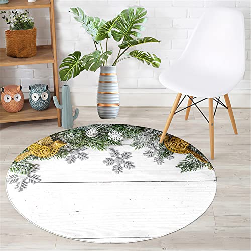 Chickwin Teppich Rund Weihnachten, Schneeflocke Muster rutschfeste Teppiche für Wohnzimmer Flanell Flauschig Weich Moderne Fußmatte für Schlafzimmer Küche (Kiefernblätter,Durchmesser 60cm) von Chickwin