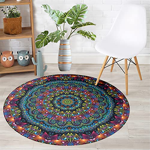 Chickwin Teppich Rund rutschfest, Mandala Stil Teppiche für Wohnzimmer Moderne Groß Flanell Flauschig Weich Fußmatte Waschbar für Schlafzimmer Kinderzimmer Küche (Bunt,Durchmesser 100cm) von Chickwin