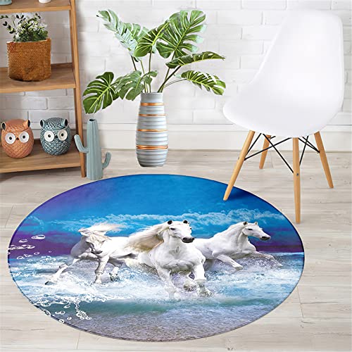 Chickwin Teppich Rund rutschfest, Tier Drucken Teppiche für Wohnzimmer Moderne Groß Flanell Flauschig Weich Fußmatte Waschbar für Schlafzimmer Kinderzimmer (Weiß Pferd,Durchmesser 120cm) von Chickwin