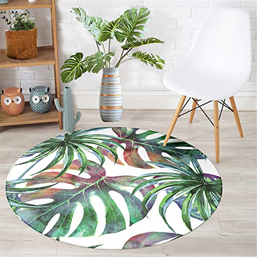 Chickwin Teppich Rund rutschfest, Tropisch Stil Teppiche für Wohnzimmer Moderne Groß Flanell Flauschig Weich Fußmatte Waschbar für Schlafzimmer Kinderzimmer (Monstera-Blätter,Durchmesser 120cm) von Chickwin