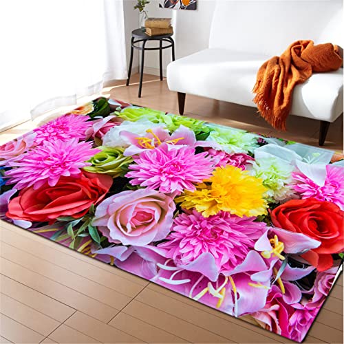 Chickwin Teppich Wohnzimmer Kurzflor 3D Blumen Muster, Weiche Antirutschunterlage Teppich Waschbar Teppiche für Schlafzimmer Kinderzimmer Spielzimmer Outdoor (80x120cm,Rosa Blütentraube) von Chickwin