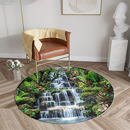 Chickwin Teppich für Wohnzimmer Rund, 3D Landschaft Muster rutschfeste Teppiche Flanell Flauschig Weich Moderne Fußmatte für Schlafzimmer Kinderzimmer Küche (Wasserfall,Durchmesser 100cm) von Chickwin