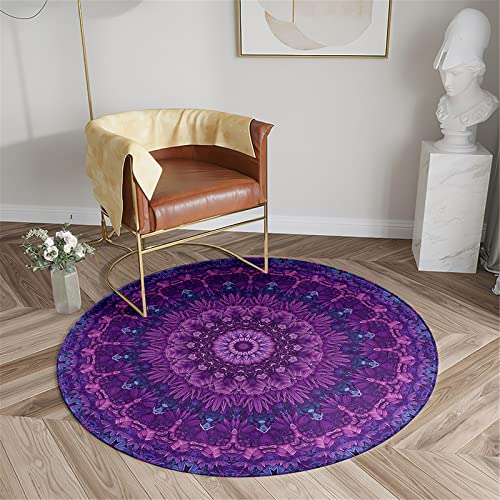 Chickwin Teppich für Wohnzimmer Rund, Mandala Stil rutschfeste Teppiche Flanell Flauschig Weich Moderne Fußmatte für Schlafzimmer Kinderzimmer Küche Dekoration (Durchmesser 100cm,Lila Blumen) von Chickwin