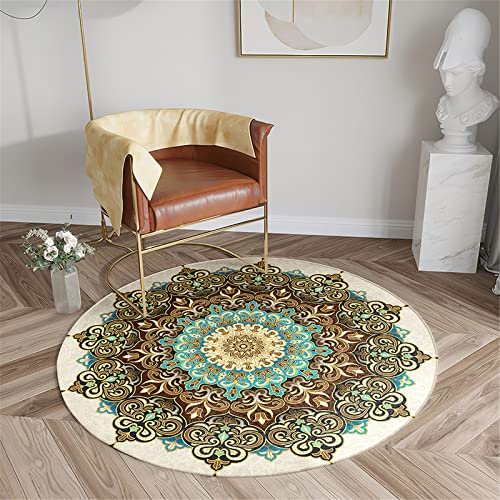 Chickwin Teppich für Wohnzimmer Rund, Mandala Stil rutschfeste Teppiche Flanell Flauschig Weich Moderne Fußmatte für Schlafzimmer Kinderzimmer Küche Dekoration (Durchmesser 120cm,Khaki-Farbe) von Chickwin