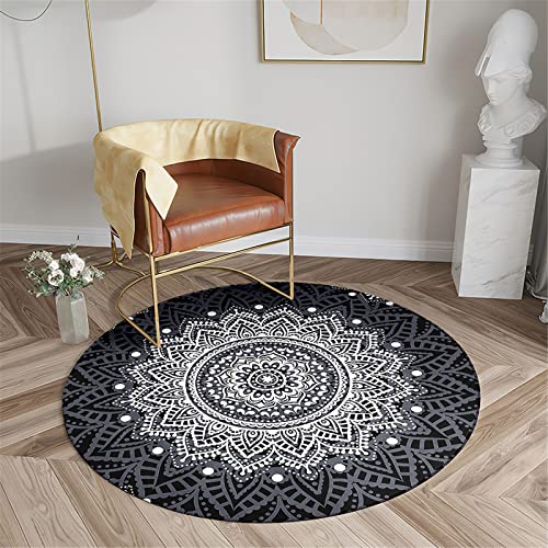 Chickwin Teppich für Wohnzimmer Rund, Mandala Stil rutschfeste Teppiche Flanell Flauschig Weich Moderne Fußmatte für Schlafzimmer Kinderzimmer Küche Dekoration (Durchmesser 60cm,Schwarz) von Chickwin