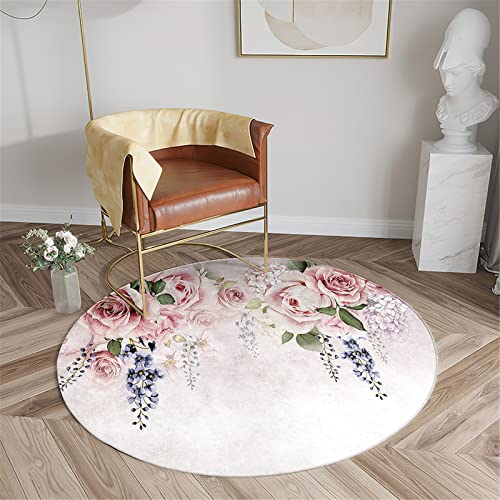 Chickwin Teppich für Wohnzimmer Rund, Rose Blume Muster rutschfeste Teppiche Flanell Flauschig Weich Moderne Fußmatte für Schlafzimmer Kinderzimmer (Grüne Blätter,Durchmesser 80cm) von Chickwin