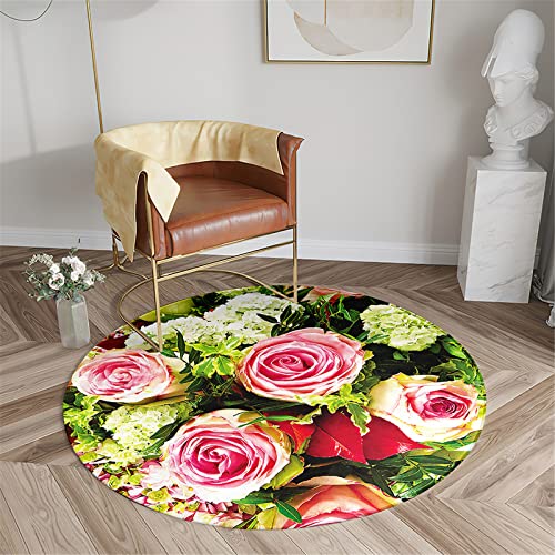 Chickwin Teppich für Wohnzimmer Rund, Rose Blume Muster rutschfeste Teppiche Flanell Flauschig Weich Moderne Fußmatte für Schlafzimmer Kinderzimmer (Schöne Blumen,Durchmesser 100cm) von Chickwin