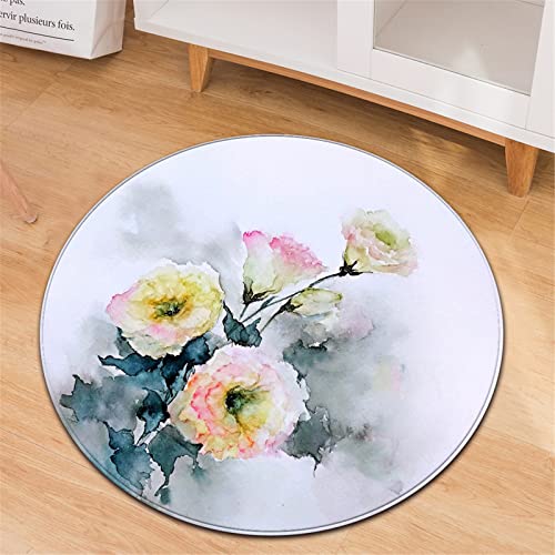Chickwin Teppiche für Wohnzimmer Rund, Blumen Drucken Teppich Modern Schlafzimmer Groß Flanell Flauschig Weich rutschfest Fußmatte Waschbar für Kinderzimmer (Tuschemalerei,Durchmesser 100cm) von Chickwin