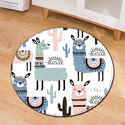 Chickwin Teppiche für Wohnzimmer Rund, Karikatur Stil Teppich Modern Schlafzimmer Groß Flauschig Weich rutschfest Fußmatte für Kinderzimmer Dekoration (Alpaka & Kaktus,Durchmesser 100cm) von Chickwin