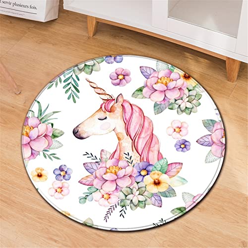 Chickwin Teppiche für Wohnzimmer Rund, Karikatur Stil Teppich Modern Schlafzimmer Groß Flauschig Weich rutschfest Fußmatte für Kinderzimmer Dekoration (Rosa Einhorn,Durchmesser 120cm) von Chickwin