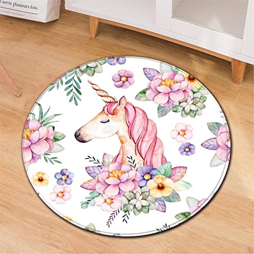 Chickwin Teppiche für Wohnzimmer Rund, Karikatur Stil Teppich Modern Schlafzimmer Groß Flauschig Weich rutschfest Fußmatte für Kinderzimmer Dekoration (Rosa Einhorn,Durchmesser 60cm) von Chickwin