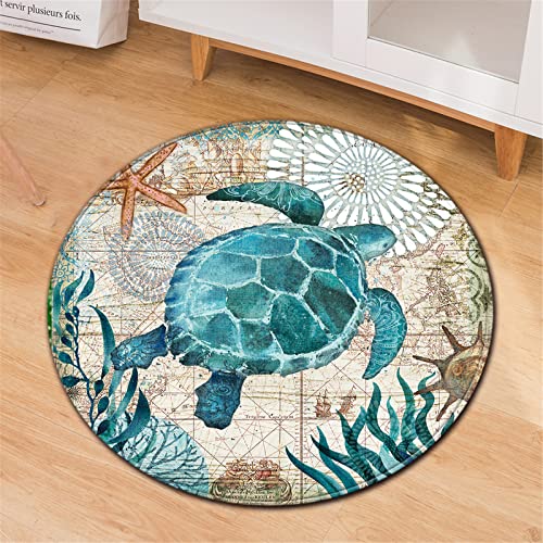 Chickwin Teppiche für Wohnzimmer Rund, Seestern Drucken Vintage Stil Teppich Modern Schlafzimmer Groß Flauschig Weich rutschfest Fußmatte für Kinderzimmer (Meeresschildkröte,Durchmesser 80cm) von Chickwin