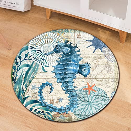 Chickwin Teppiche für Wohnzimmer Rund, Seestern Drucken Vintage Stil Teppich Modern Schlafzimmer Groß Flauschig Weich rutschfest Fußmatte für Kinderzimmer (Seepferdchen,Durchmesser 80cm) von Chickwin