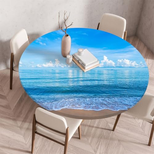 Chickwin Tischdecke Rund Wasserdicht mit Elastisches Band, 3D Blauem Ozean-Landschaftsdruck Tischdecke Abwaschbar Polyester Tischabdeckung für Drinnen Draußen Garten Picknick (Stil F,80cm) von Chickwin
