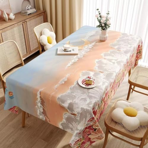 Chickwin Wachstuch Tischdecke PVC für Restaurant Küche, Rechteckig Wasserdicht Ölbeständig Wachstischdecke Abwischbar Pflegeleicht Garten Party Tischdecken (Ölgemälde Wellen B,100x160cm) von Chickwin