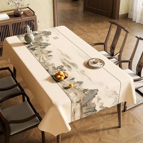 Chickwin Wachstuch Tischdecke PVC für Restaurant Küche, Rechteckig Wasserdicht Ölbeständig Wachstischdecke Abwischbar Pflegeleicht Garten Party Tischdecken (Tuschemalerei G,90x140cm) von Chickwin