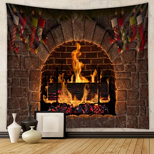 Chickwin Wandteppich 200x150cm Weihnachtstag Wanddeko, 3D Kamin Wandtuch Wandbehang Weihnachten für Wohnkultur, Schlafzimmer, Weihnachtsessen und Party (Feuerstelle 10,180x230cm) von Chickwin