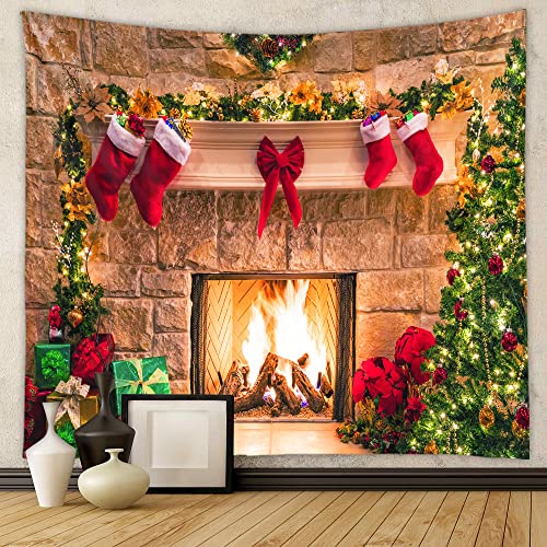 Chickwin Wandteppich 200x150cm Weihnachtstag Wanddeko, 3D Kamin Wandtuch Wandbehang Weihnachten für Wohnkultur, Schlafzimmer, Weihnachtsessen und Party (Feuerstelle 15,180x230cm) von Chickwin