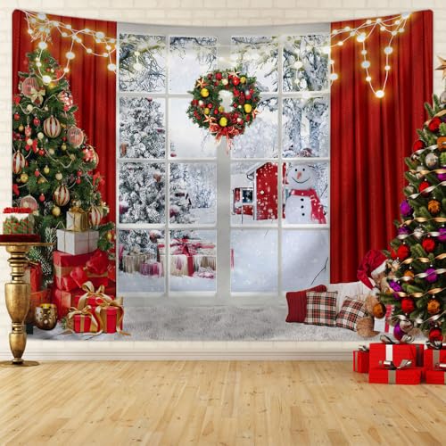 Chickwin Wandteppich Weihnachtstag Wanddeko, 3D-Fenster Wandtuch Wandbehang Weihnachten für Wohnkultur, Schlafzimmer, Weihnachtsessen und Party (180X230cm,Schneemann) von Chickwin