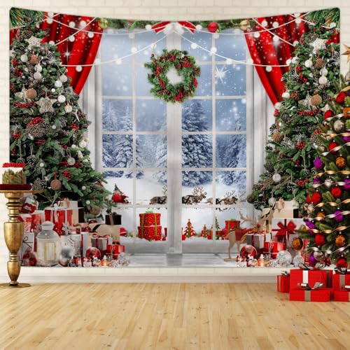 Chickwin Wandteppich Weihnachtstag Wanddeko, 3D-Fenster Wandtuch Wandbehang Weihnachten für Wohnkultur, Schlafzimmer, Weihnachtsessen und Party (180X230cm,Weißer Schnee) von Chickwin