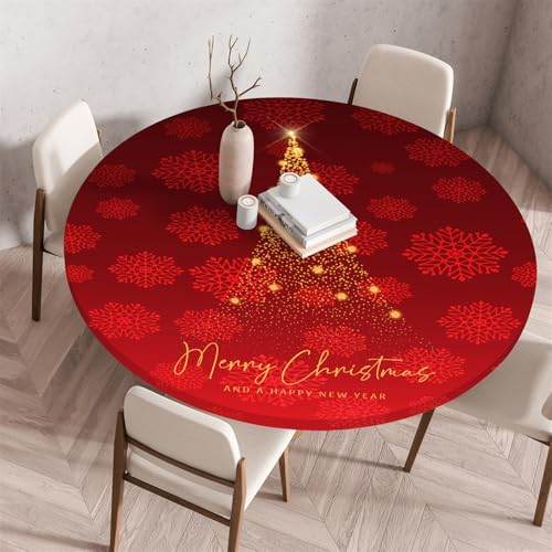 Chickwin Weihnachten Elastische Tischdecke Rund Outdoor Fleckschutz Abwischbar Schneeflocke Muster Wasserdicht Anti-Rutsch Round Gartentischdecke für Küche Camping Picknick (120cm,Rot) von Chickwin