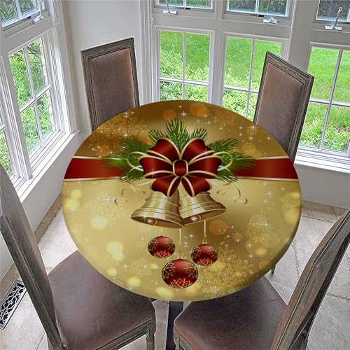 Chickwin Weihnachten Runde Tischdecke, wasserdichte Abwischbare Tischtuch mit Gummiband, mit Gold Kleine Glöckchen Druck, Stehtisch Hussen für Drinnen und Draußen (Stil C,Für Tisch 80-90 cm) von Chickwin