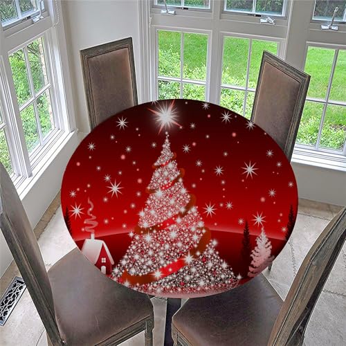Chickwin Weihnachten Runde Tischdecke mit Roter Weihnachtsdruck für Drinnen und Draußen, Abwaschbar Wasserabweisend Lotuseffekt Tischdecken mit Elastisches Band (Für Tisch 80-90 cm,Stil F) von Chickwin