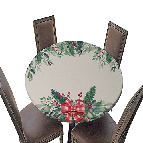 Chickwin Weihnachten Tischdecke Rund Elastische, 3D Beere Muster Xmas Tischdecke Wasserdicht Tischdecken Schutztischdecke Tischtuch für Küche Garten (Rote Schleife,Durchmesser 170cm) von Chickwin