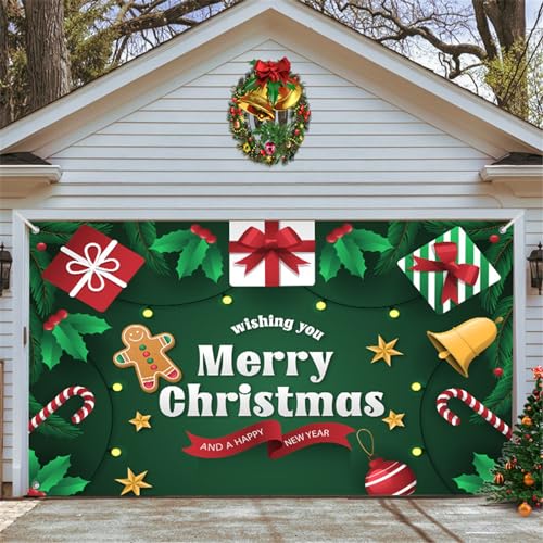 Chickwin Weihnachten Urlaub Garagentor Banner Abdeckung, Große Größe Xmas Frohe Weihnachten Dekorationen Fensterdeko für Outdoor Hintergrund Fotorequisiten 4 Größen (210x480cm,Grüne Weihnachten) von Chickwin