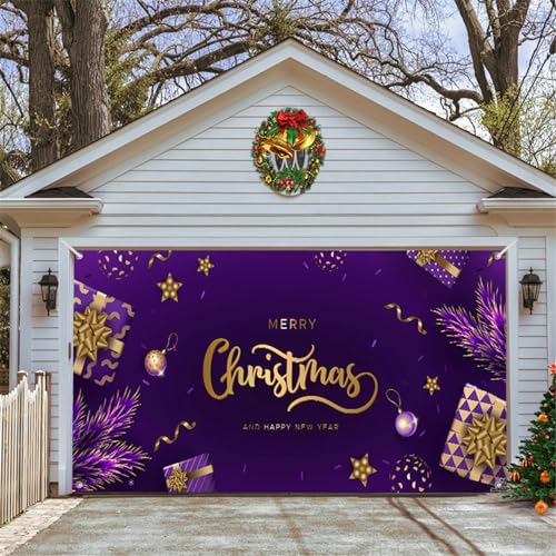 Chickwin Weihnachten Urlaub Garagentor Banner Abdeckung, Große Größe Xmas Frohe Weihnachten Festival Dekorationen für Outdoor New Year Hintergrund Fotorequisiten (180x400cm,Violettes Gold) von Chickwin