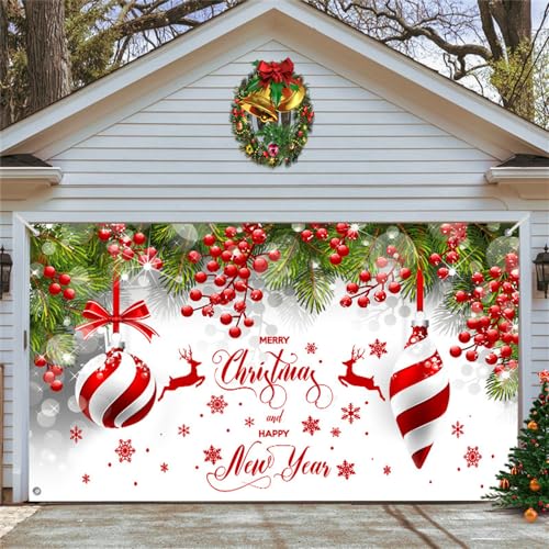 Chickwin Weihnachten Urlaub Garagentor Banner Abdeckung, Große Größe Xmas Frohe Weihnachten Grün Rot Dekorationen für Happy New Year Outdoor Hintergrund Fotorequisiten (180x400cm,Weiss Weihnachten) von Chickwin