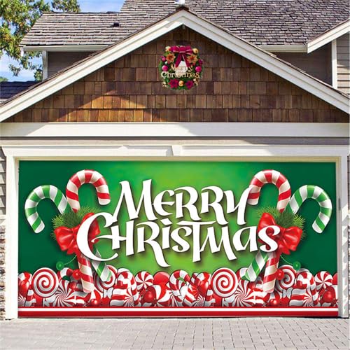 Chickwin Weihnachten Urlaub Garagentor Banner Abdeckung, Große Größe Xmas Frohe Weihnachten Märchen Dekorationen Happy New Year Outdoor Hintergrund Fotorequisiten (210x240cm,Grün Rot) von Chickwin