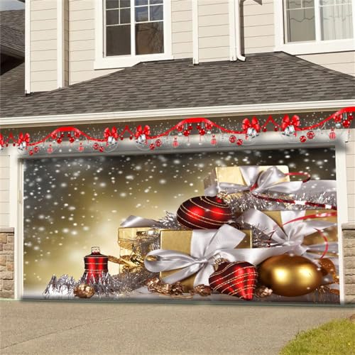 Chickwin Weihnachten Urlaub Garagentor Banner Abdeckung, Große Größe Xmas Frohe Weihnachten Weihnachtskugeln Dekorationen für Happy New Year Outdoor Hintergrund (210x480cm,Golden Geschenk) von Chickwin