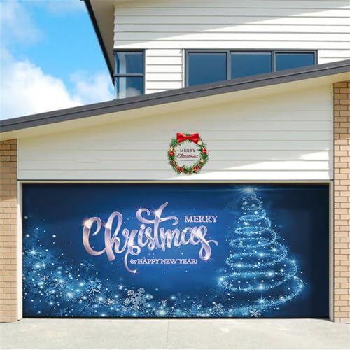 Chickwin Weihnachten Urlaub Garagentor Banner Abdeckung Große Größe Xmas Frohe Weihnachten Dekorationen Rot Brief für Happy New Year Outdoor Hintergrund Fotorequisiten (210x480cm,Blau Leuchtend) von Chickwin