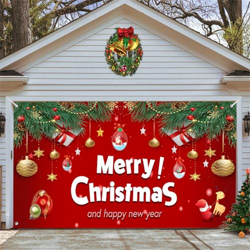 Chickwin Weihnachten Urlaub Garagentor Banner Abdeckung Karikatur Große Größe Xmas Frohe Weihnachten Dekorationen für Happy New Year Outdoor Hintergrund Fotorequisiten (210x480cm,Karikatur) von Chickwin