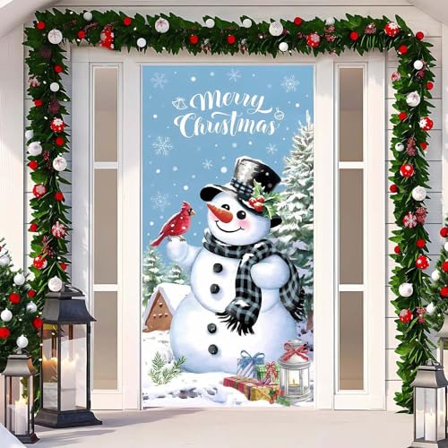 Chickwin Weihnachtstürabdeckung, Schneemann Vogel Türabdeckung Weihnachtsbaum Dekoration Weihnachts Party Banner im Freien Weihnachtsmann Hängender Hintergrund Banner für Deko, 90x200cm (Blau) von Chickwin