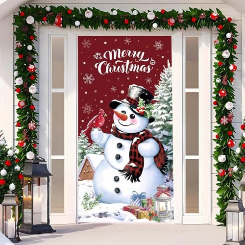 Chickwin Weihnachtstürabdeckung, Schneemann Vogel Türabdeckung Weihnachtsbaum Dekoration Weihnachts Party Banner im Freien Weihnachtsmann Hängender Hintergrund Banner für Deko, 90x200cm (Rot) von Chickwin