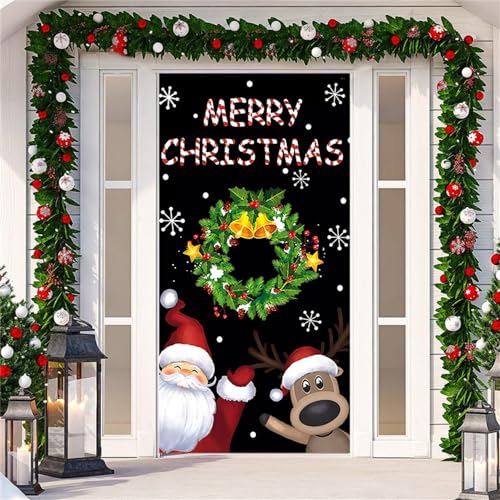 Chickwin Weihnachtstürabdeckung, Weihnachtsmann Türabdeckung Dekoration Weihnachts Party Banner im Freien Rot Golden Hängender Hintergrund Banner für Weihnachten Deko, 90x200cm (Schwarz) von Chickwin